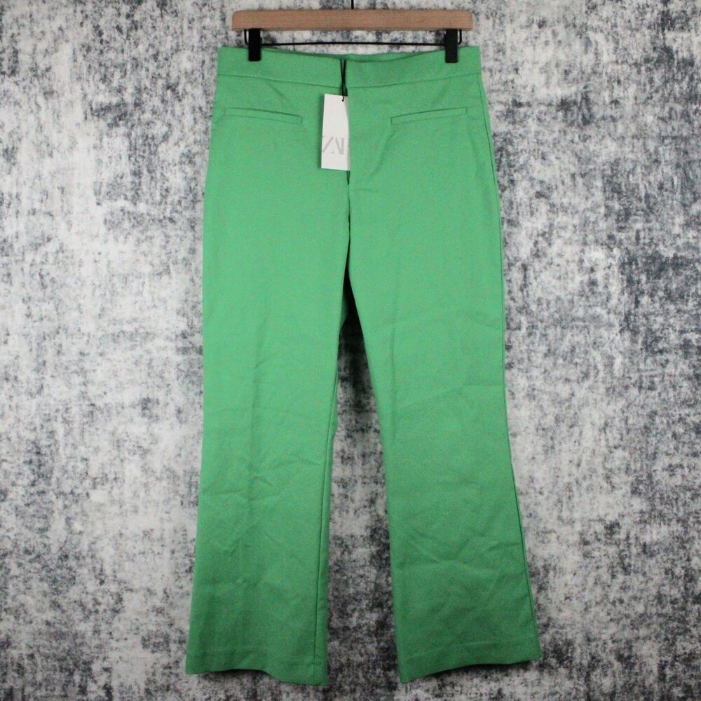 NEW ZARA Womens Size L Bloggers Fav High Waist Crop Flare Pants Apple Green